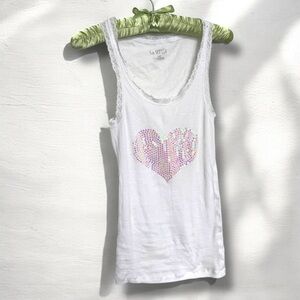 Y2K White Tank Top with Sequin Heart coquette dreamy fairy luxury S